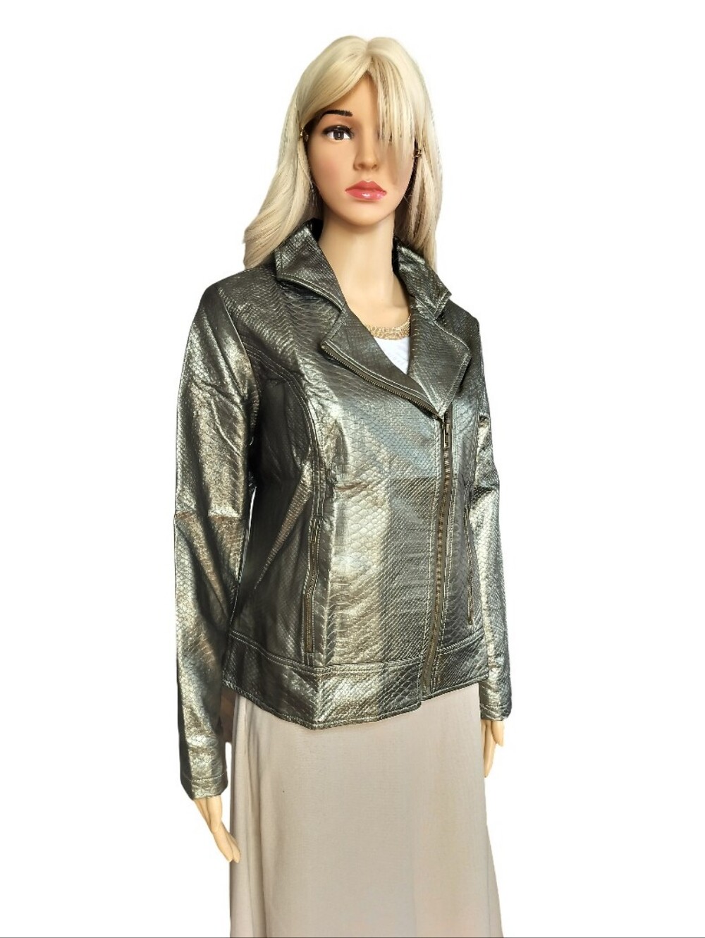 Metallic Snake Skin Olive Cropped Blazer Jacket - Women Size M NWT - Picture 2 of 8
